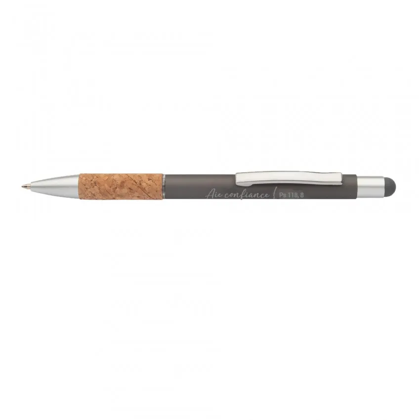 Stylo tactile en aluminium et liège "Confiance" gris