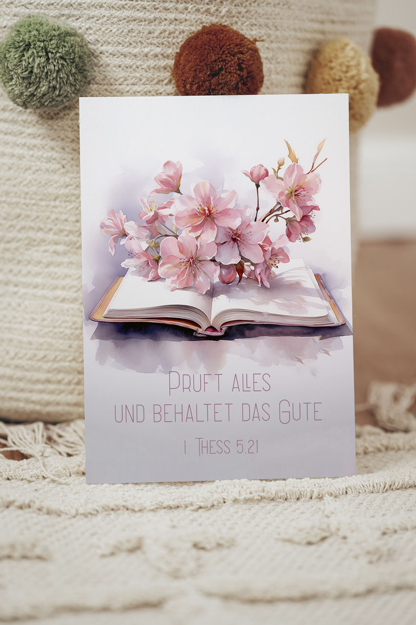 Postkarte Prüft alles und behaltet das Gute - Bibel mit Blüten