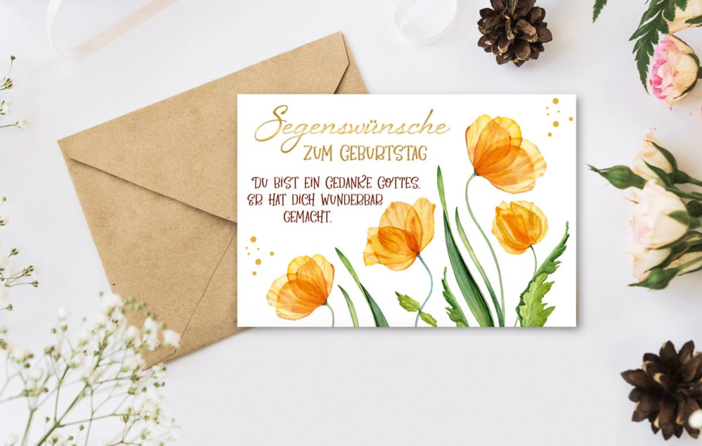 Faltkarte Segenswünsche zum Geburtstag - Blumen orange