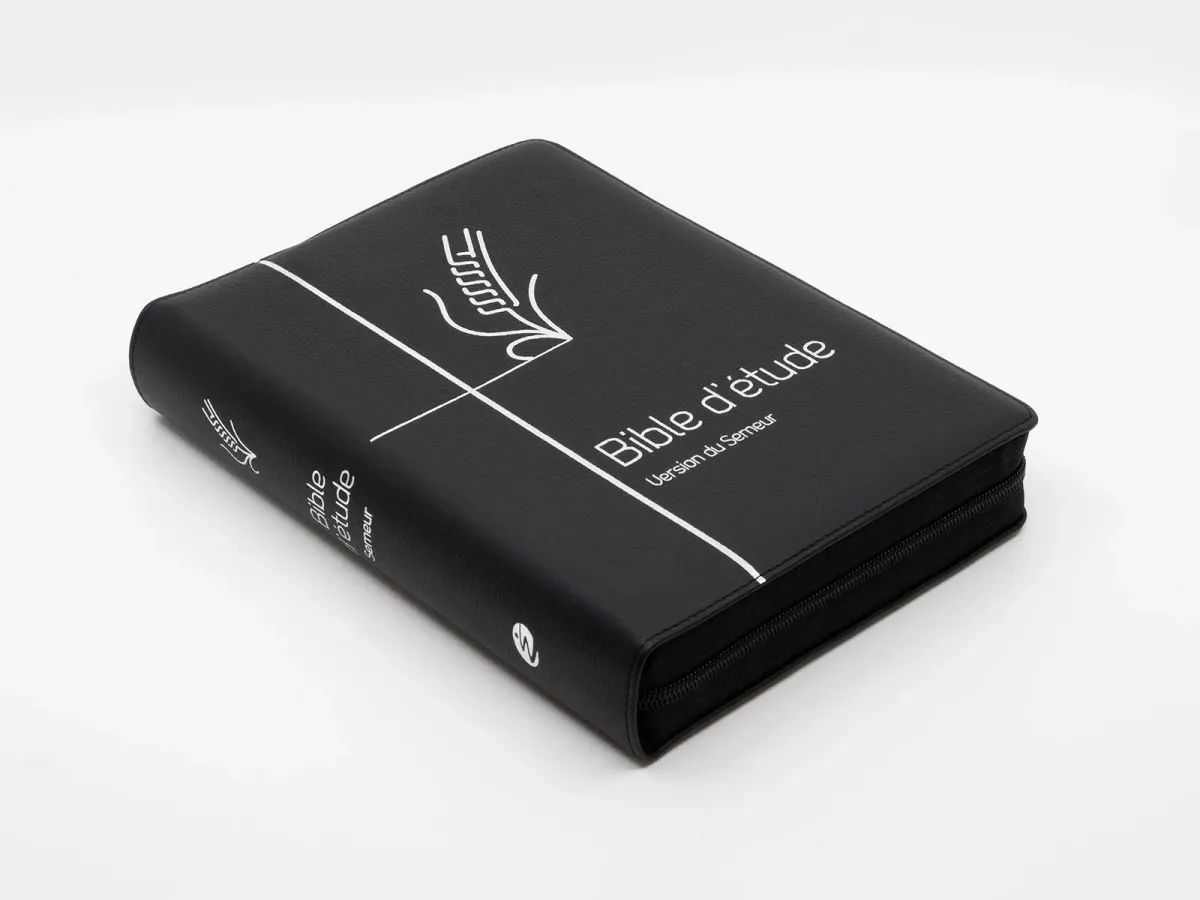 Bible d'étude Semeur 2015 - couverture noire, cuir véritable, tranche argentée, avec fermeture à...