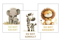 Poster 3er Set Kindermotive A4 - Elefant, Zebra & Löwe