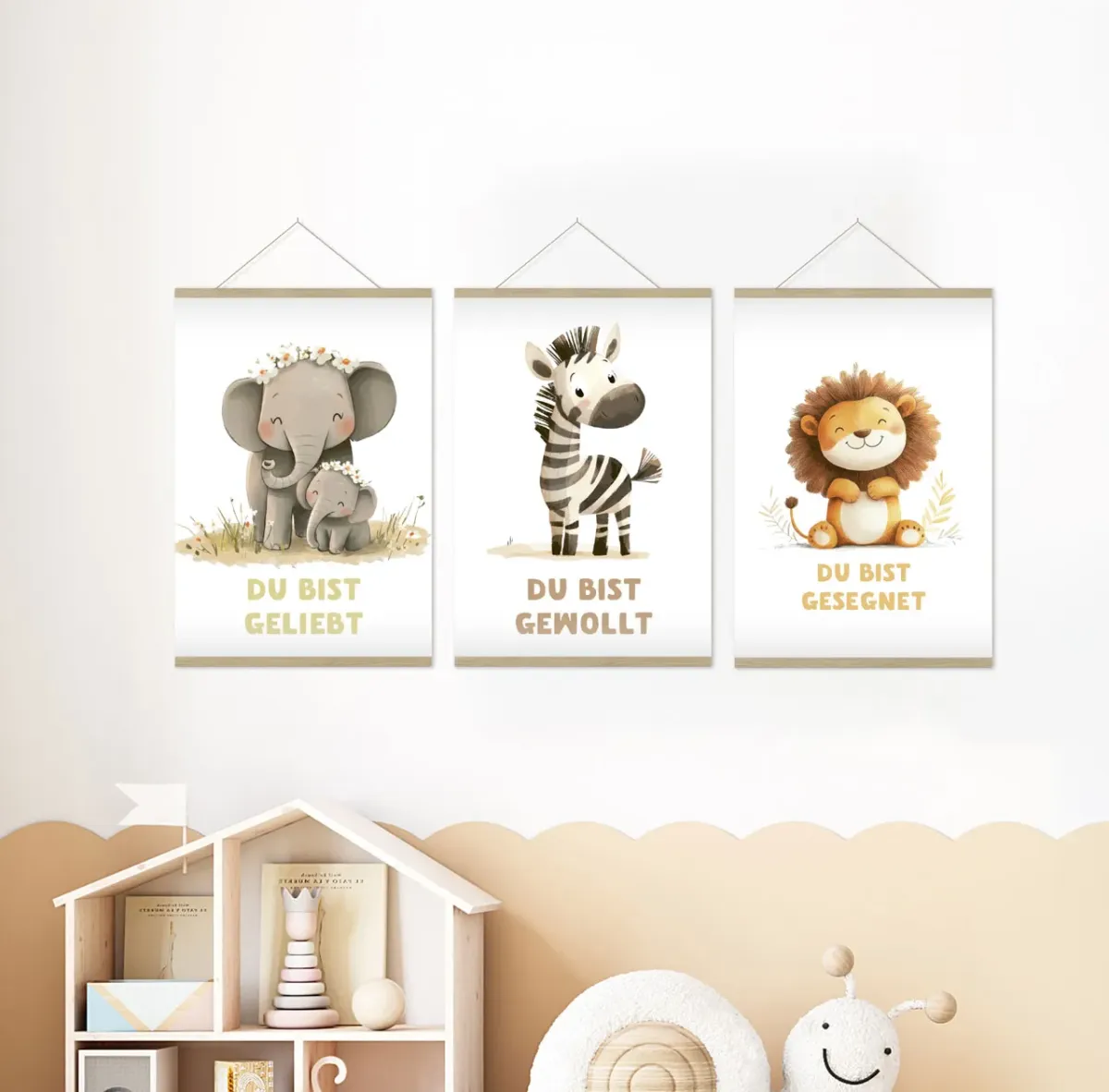 Poster 3er Set Kindermotive A4 - Elefant, Zebra & Löwe