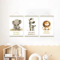 Poster 3er Set Kindermotive A4 - Elefant, Zebra & Löwe