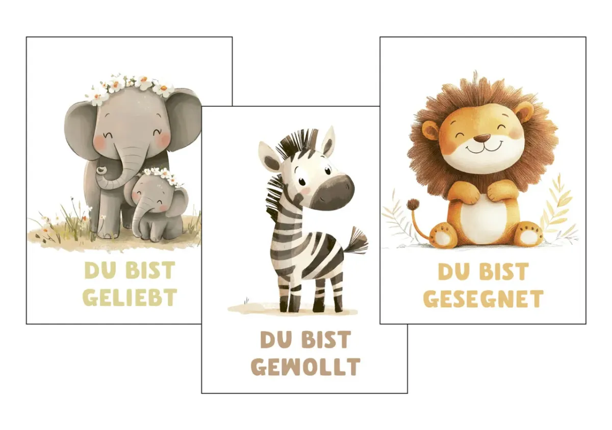 Poster 3er Set Kindermotive A3 - Elefant, Zebra & Löwe