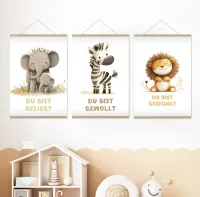 Poster 3er Set Kindermotive A3 - Elefant, Zebra & Löwe