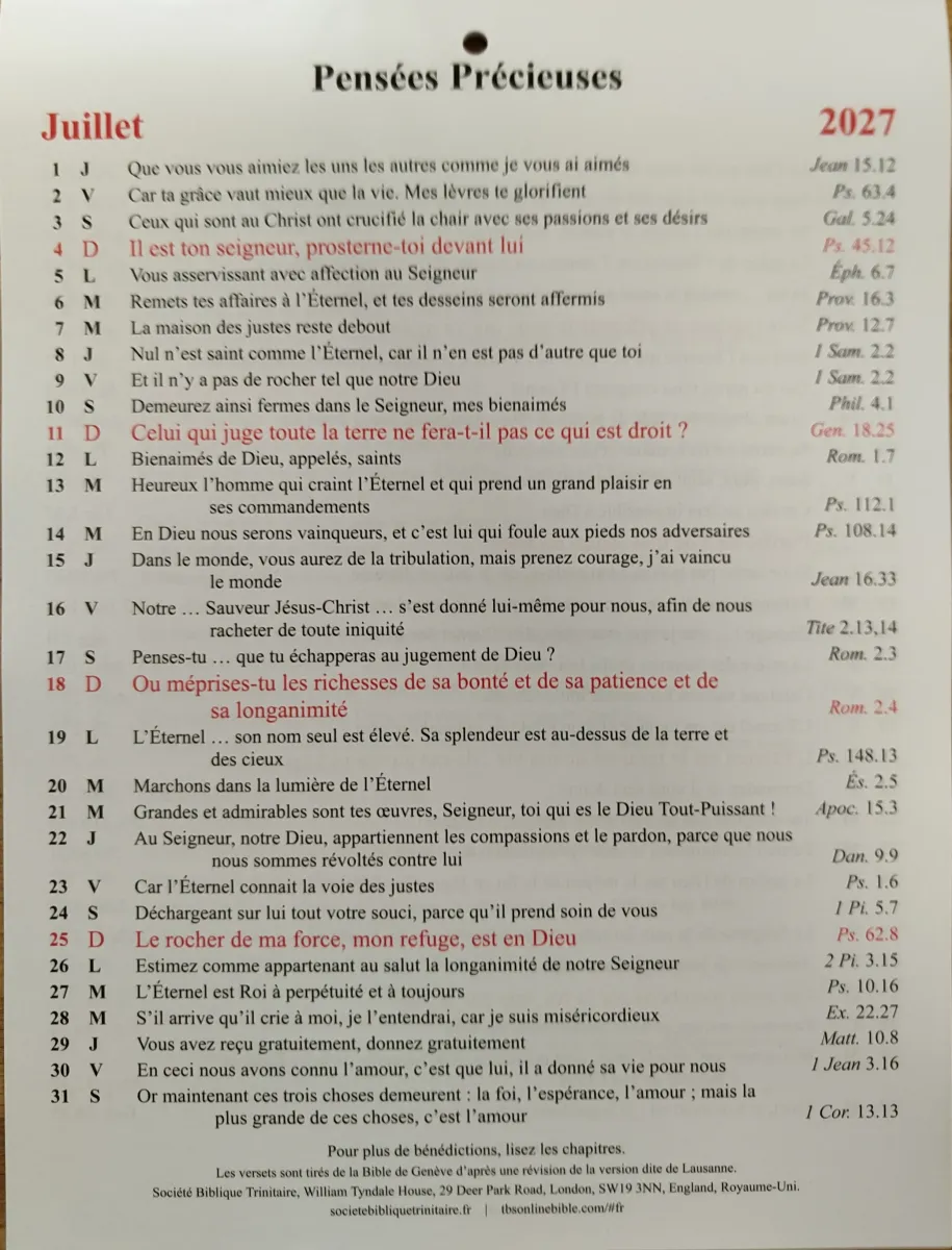 Pensées précieuses - calendrier 1 verset par jour, une page par mois